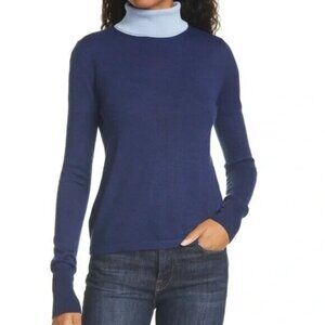 Staud Blue Urchin Contrast Turtleneck Sweater Merino Wool Blend Size XL